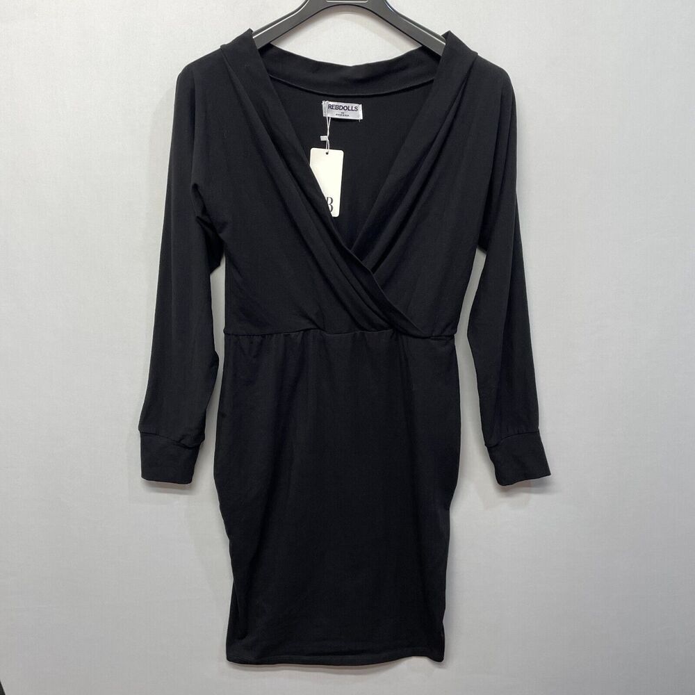 NWT Rebdolls Women Long Sleeve Dress Size 1X Black Babydoll Faux Wrap M282 -9